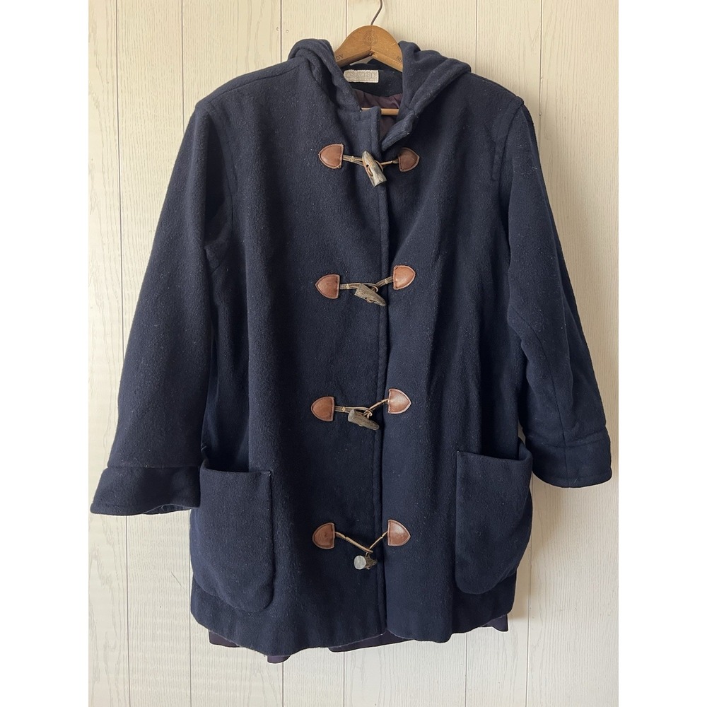 Vintage Lands End 100% Wool Toggle Duffle Coat Women's 14 Blue USA Hooded